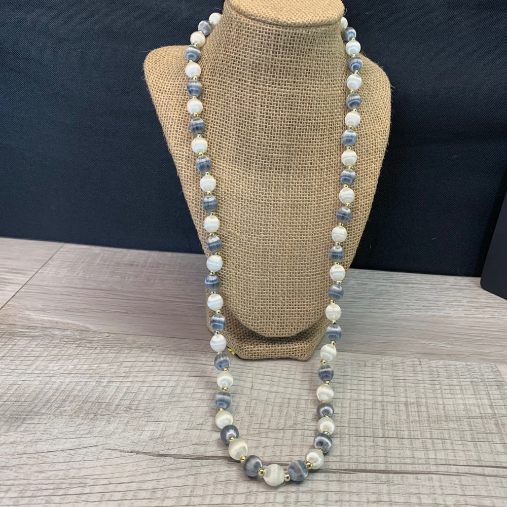 Grey and Cream Satin Thread Wrapped Bead Long Necklace with Gold Tone Spacers